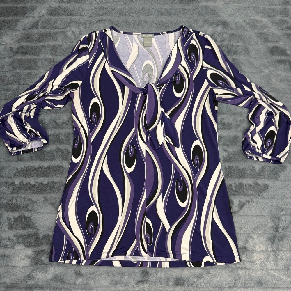 Ann Taylor Purple Swirl Print Tie Neck Blouse 3/4 Sleeve Stretch Top Mens M